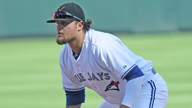 Rowdy Tellez seen playing a game for the Blue Jays in spring training. 