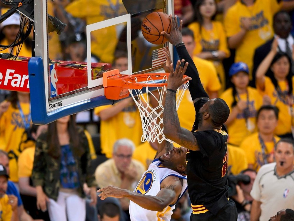 In what might be one of the most memorable moments in NBA history, James blocks Andre Iguodala late in the fourth quarter.