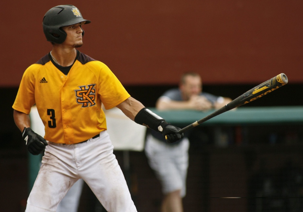  Max Pentecost (3) gets ready to bat in the eighth inning of an NCAA college baseball tournament regional game against Alabama on Friday, May 30, 2014, in Tallahassee, Fla. Kennesaw State won 1-0. 
